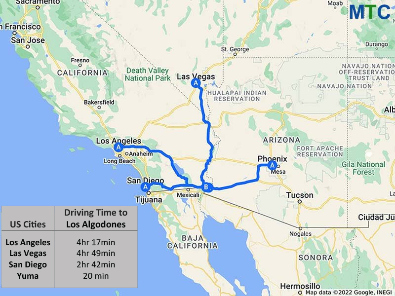 Driving distance from US to Los Algodones