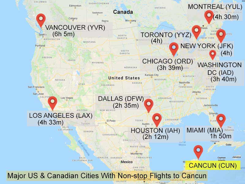 Flight Duration US and Canada to Cancun Mexico