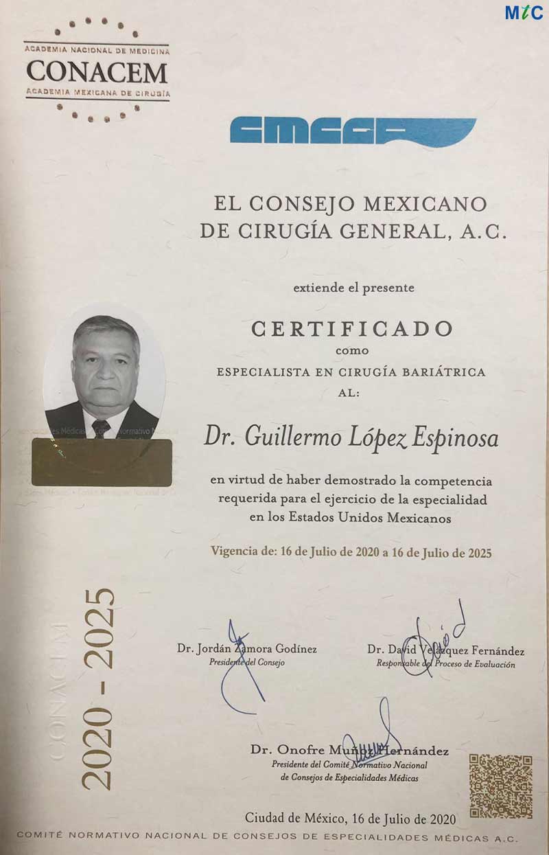 Dr. Guillermo Lopez | Specialist in Bariatric Surgery | Certificate