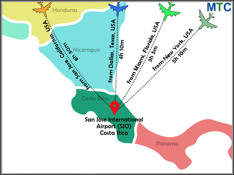 Flying time from US cities to San Jose (SJO) Airport