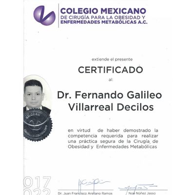 Dr. Galileo Villarreal certificate