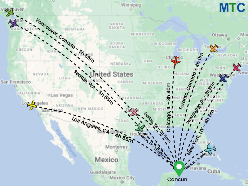 US/Canada to Cancun - Flight route map
